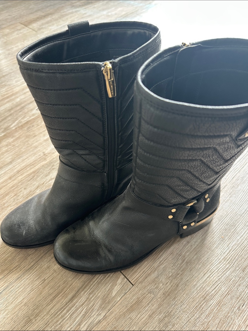 Vince Camuto Black Quilted Mid-Calf Heeled Boots with Gold Hardware